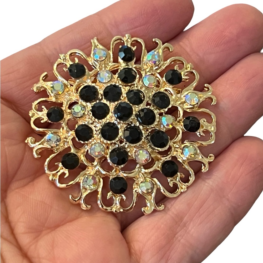 Gold-Tone Black Crystal Floral Brooch - Elegant Women's Jewelry
